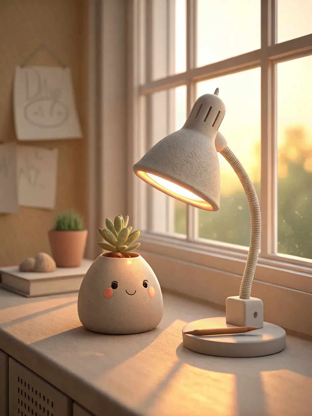 Clay-style desk lamp by a bright window