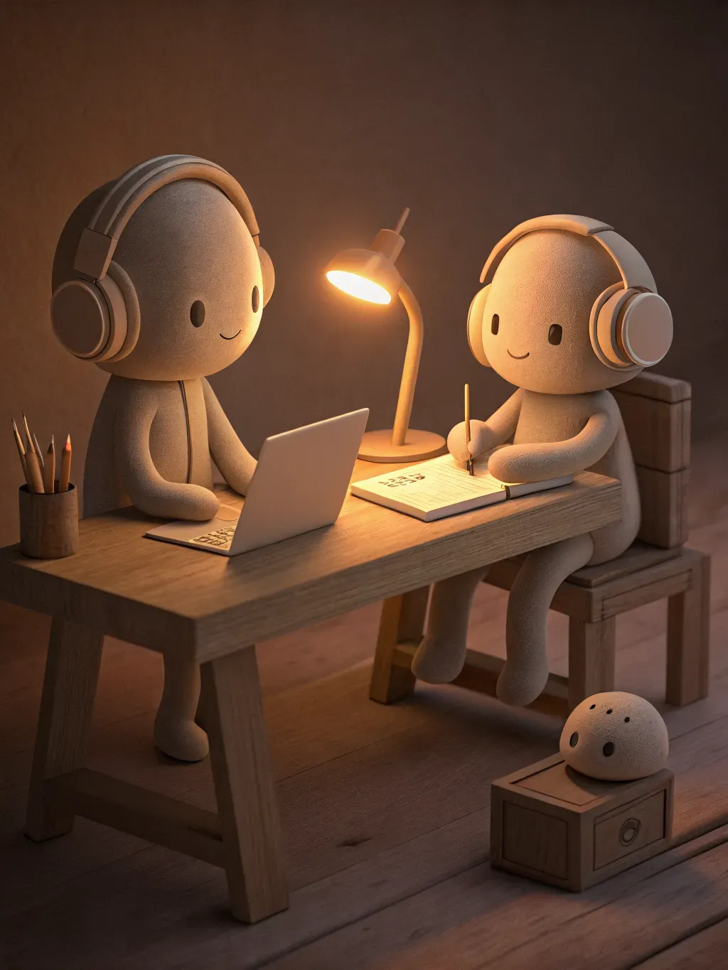 Two clay characters with headphones working late by lamplight