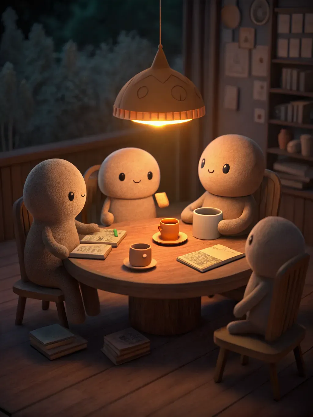 Clay characters studying together at a table under a lamp at night