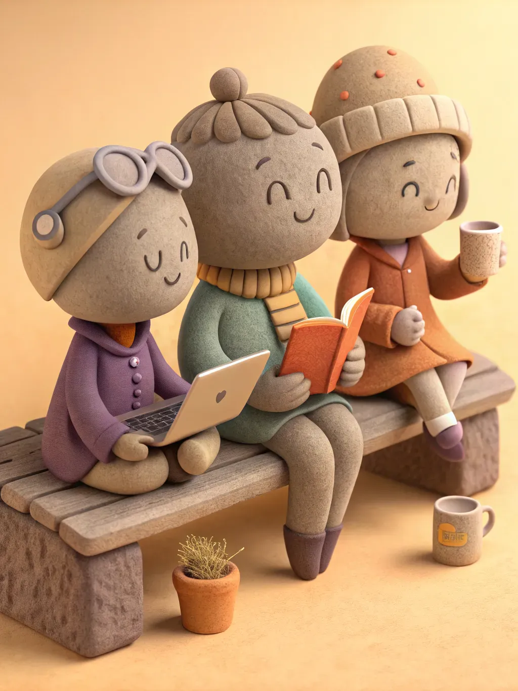 Three clay characters studying together on a bench